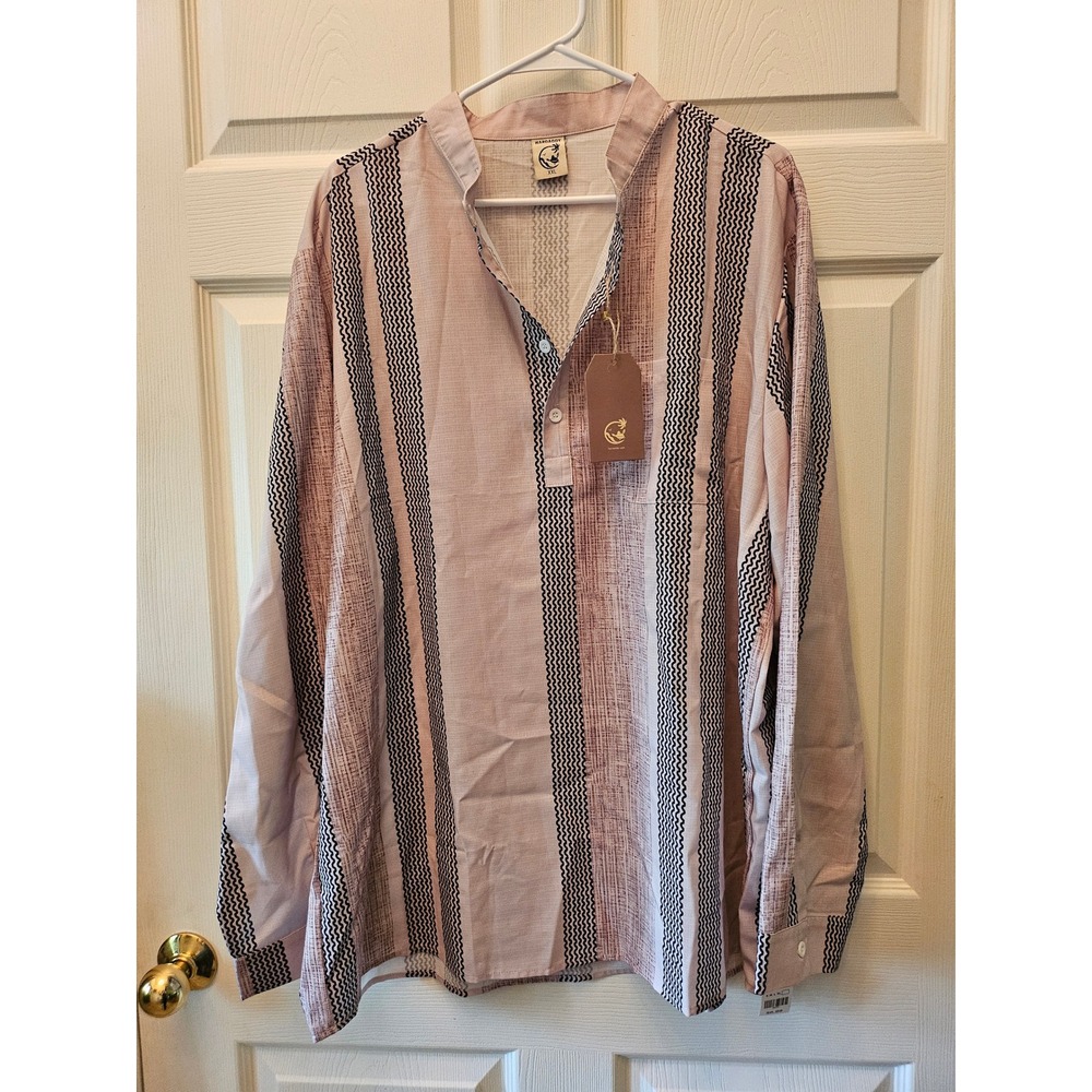 Hardaddy Henley Shirt Mens XL Beige Brown Striped Long Sleeve Band Collar NEW